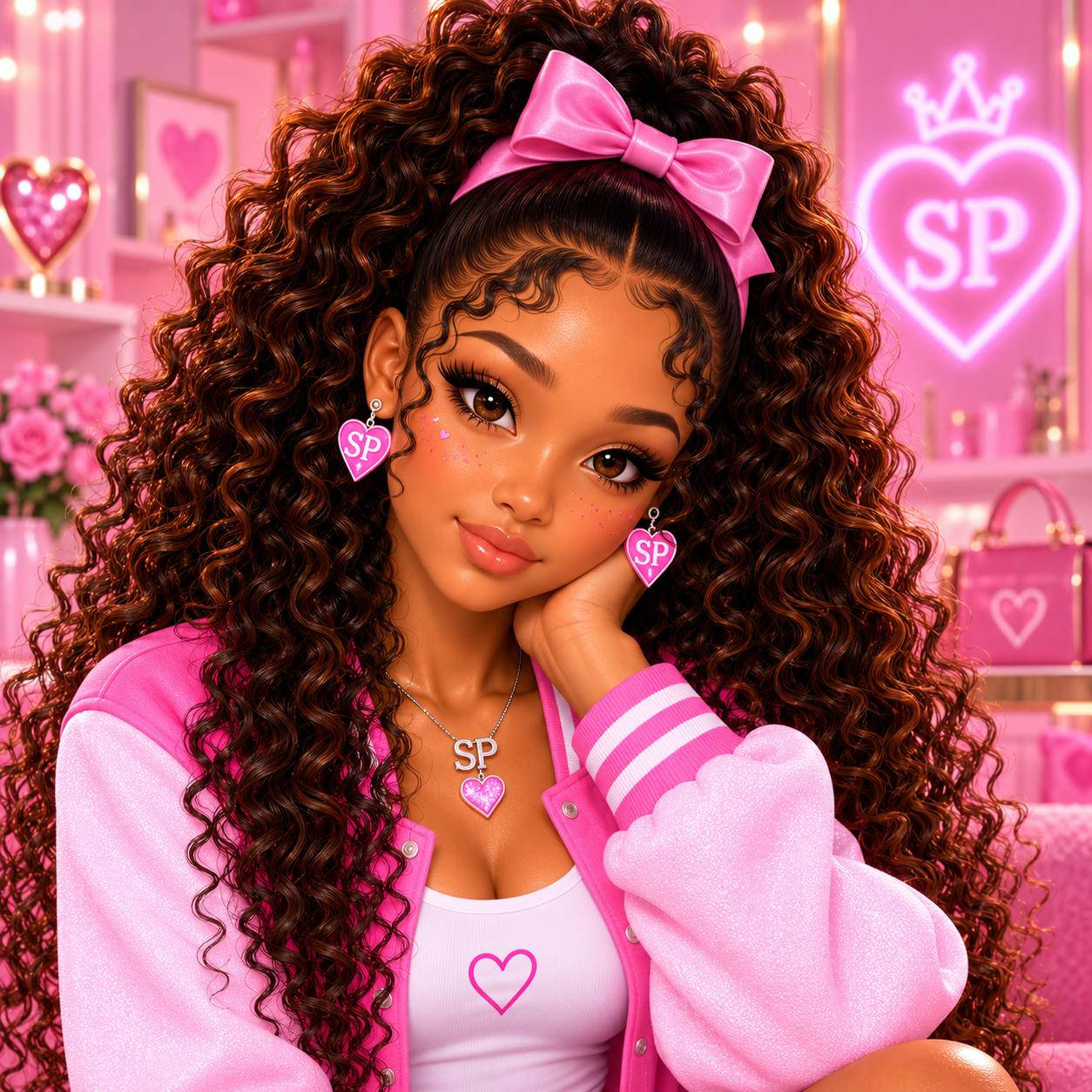 Casey in her pink Sugar Phase varsity jacket with a curly high ponytail, pink bow, and SP heart earrings