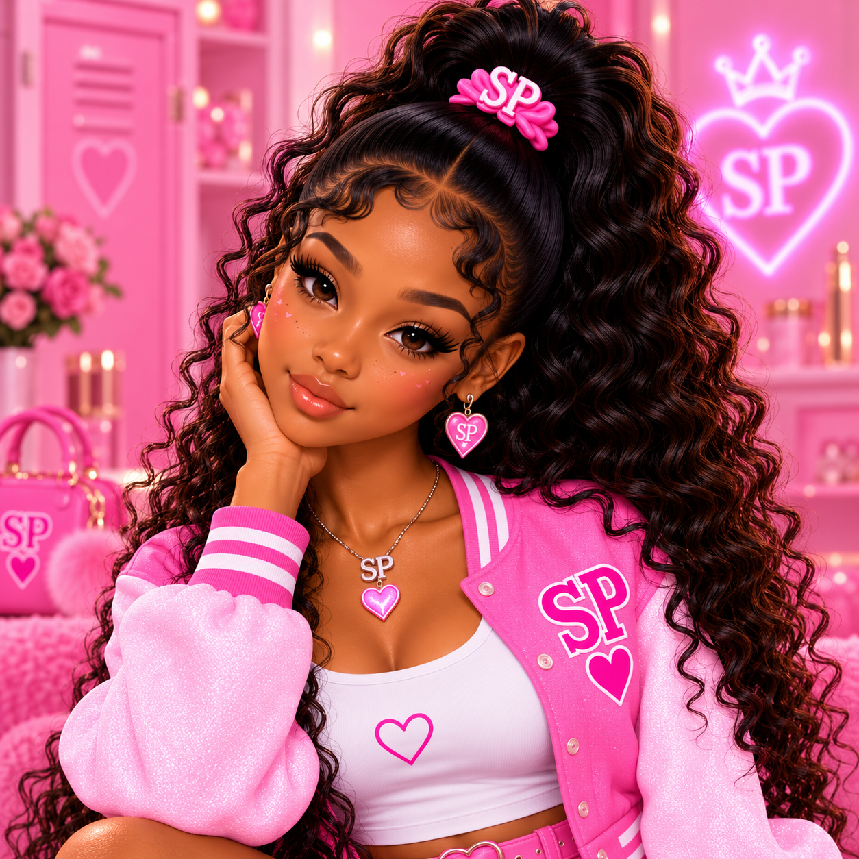 Jada’Sky in her pink Sugar Phase varsity jacket with a curly high ponytail, SP hair accessory, and heart jewelry