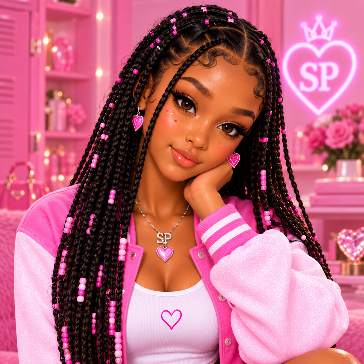 Kayla in her pink Sugar Phase varsity jacket with long braids, pink beads, and heart jewelry