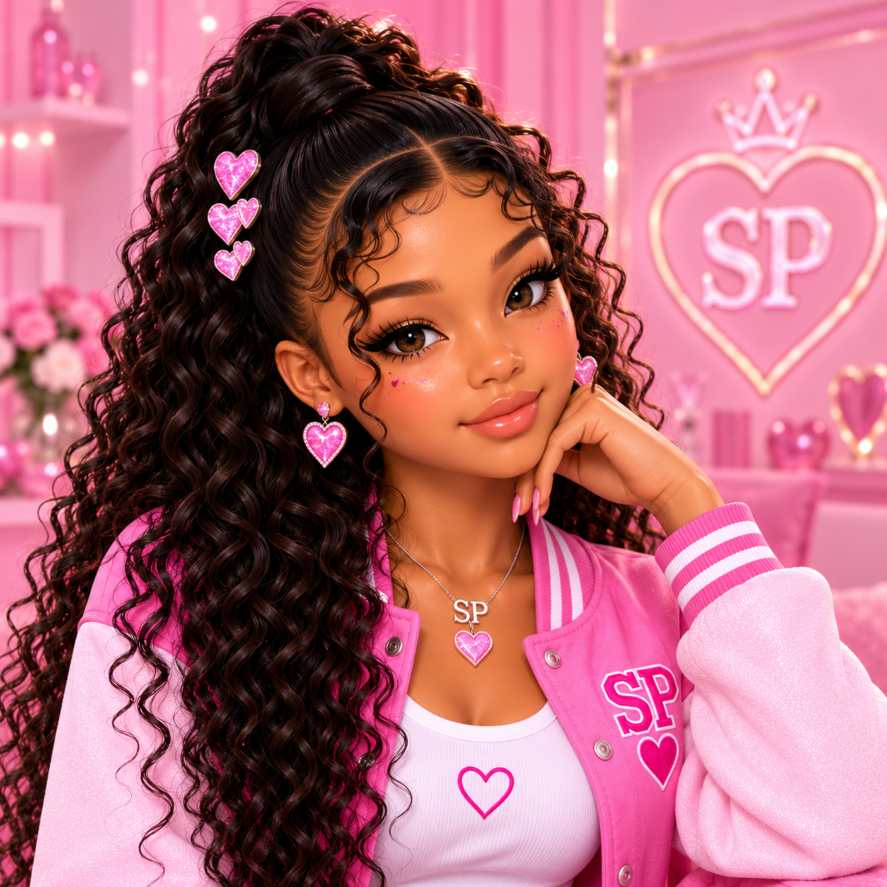 Nevaeh in her pink Sugar Phase varsity jacket with a curly high ponytail and sparkling heart jewelry