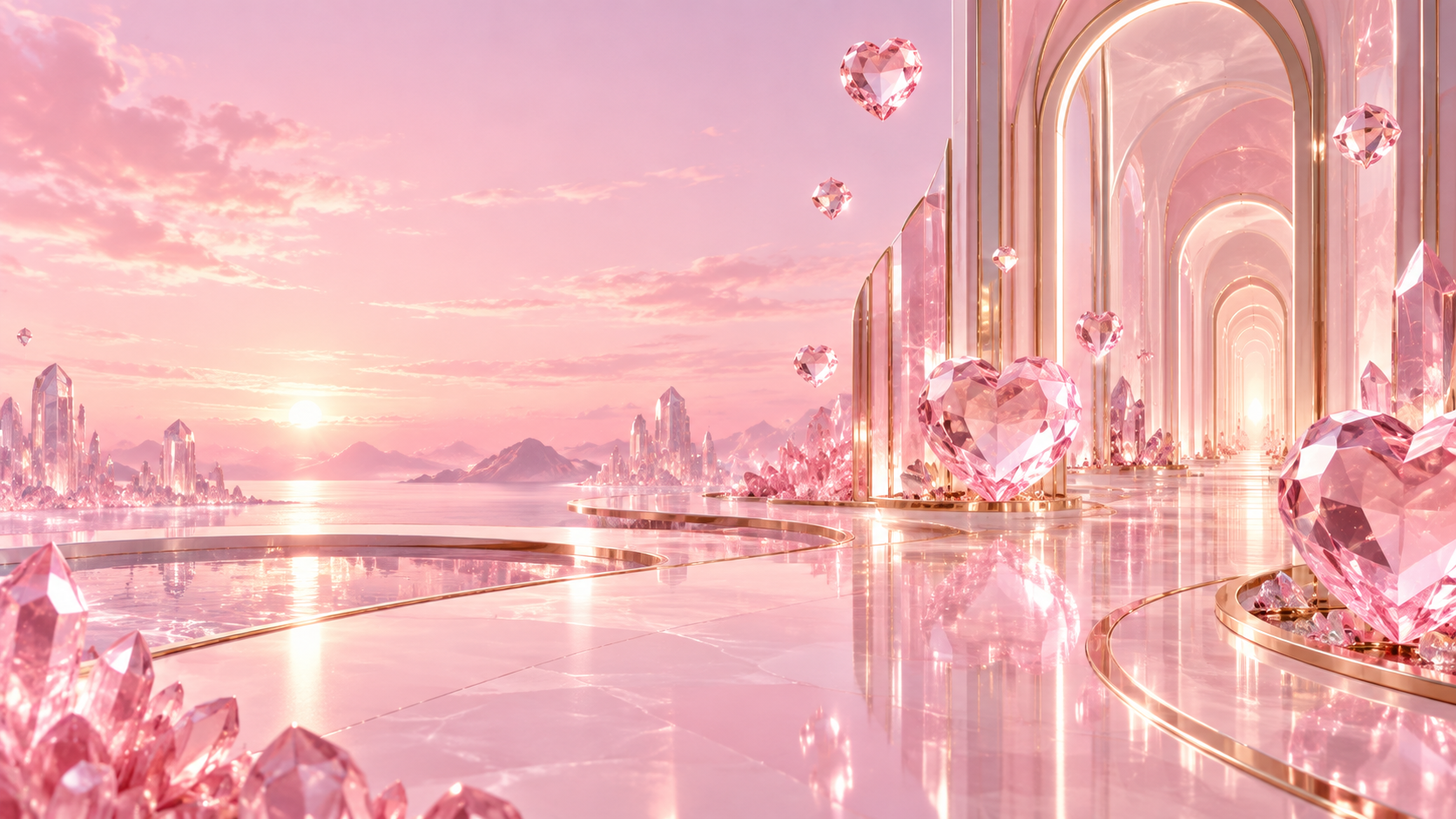 A glowing pink crystal world with heart-shaped gems