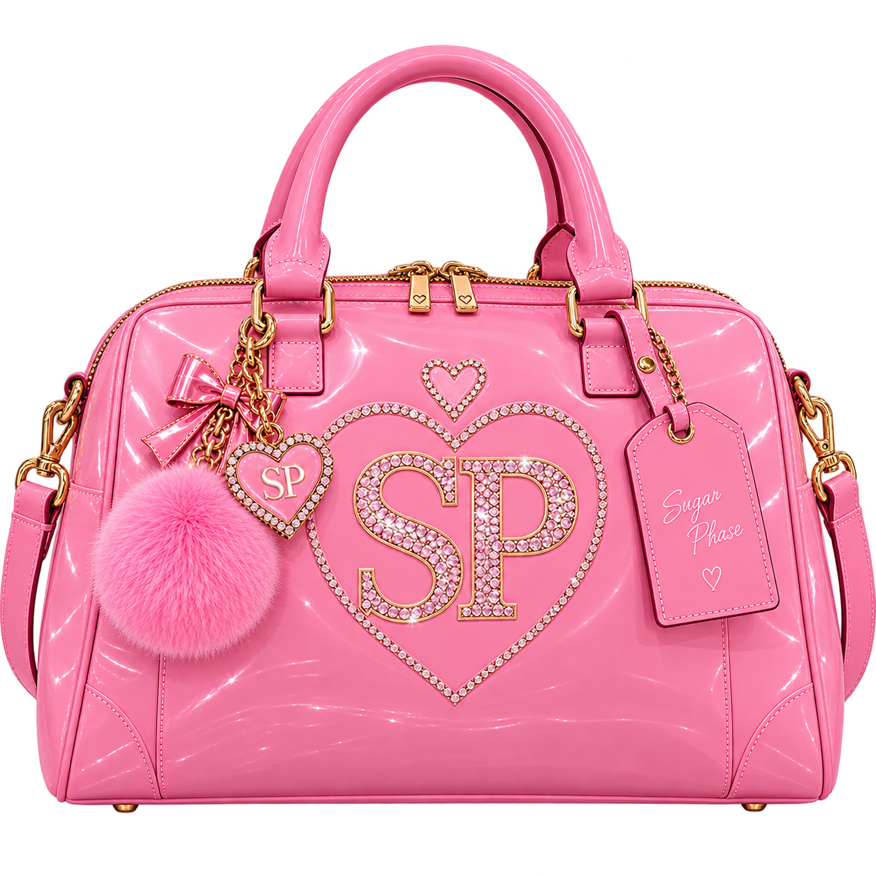 Pink Sugar Phase Signature Handbag with crystal SP heart monogram, gold hardware, and heart charm