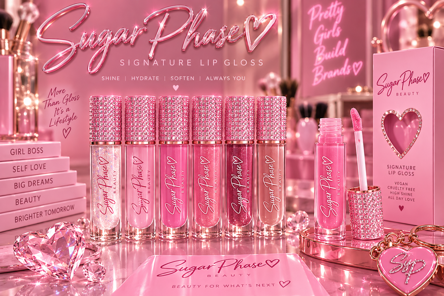 Sugar Phase signature lip gloss collection in sparkling pink packaging