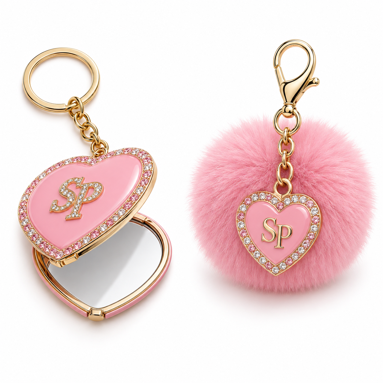 Pink Sugar Phase SP heart mirror keychain and fluffy heart charm with gold hardware