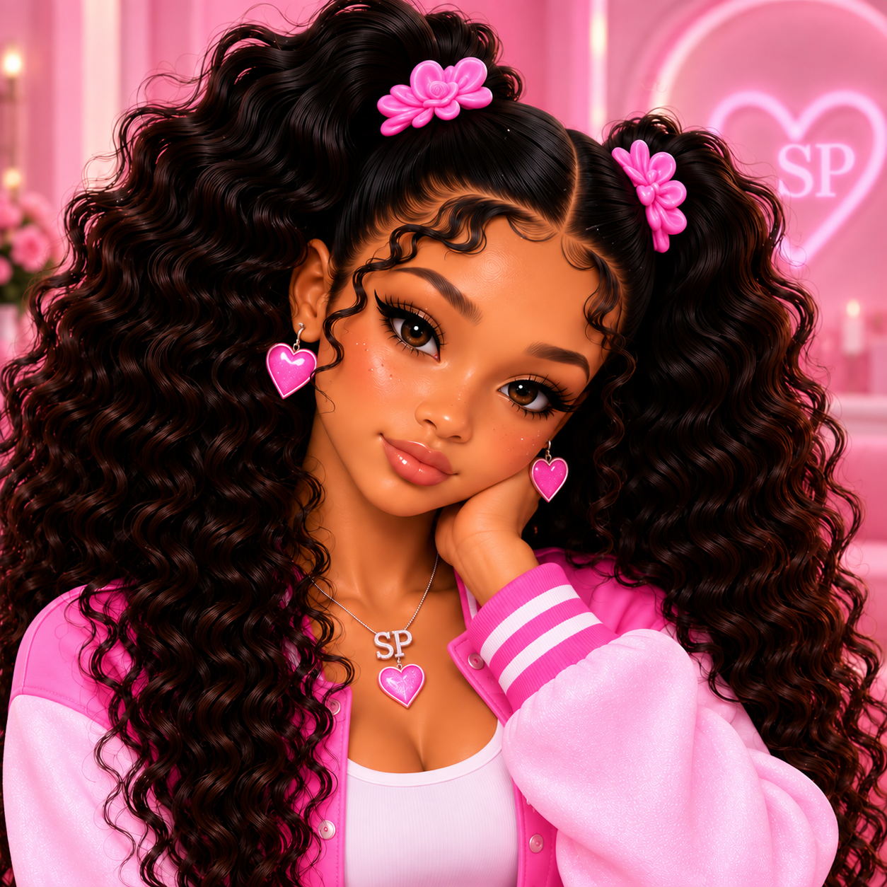 Tayvia-Danielle in her pink Sugar Phase varsity jacket with curly twin ponytails and heart jewelry